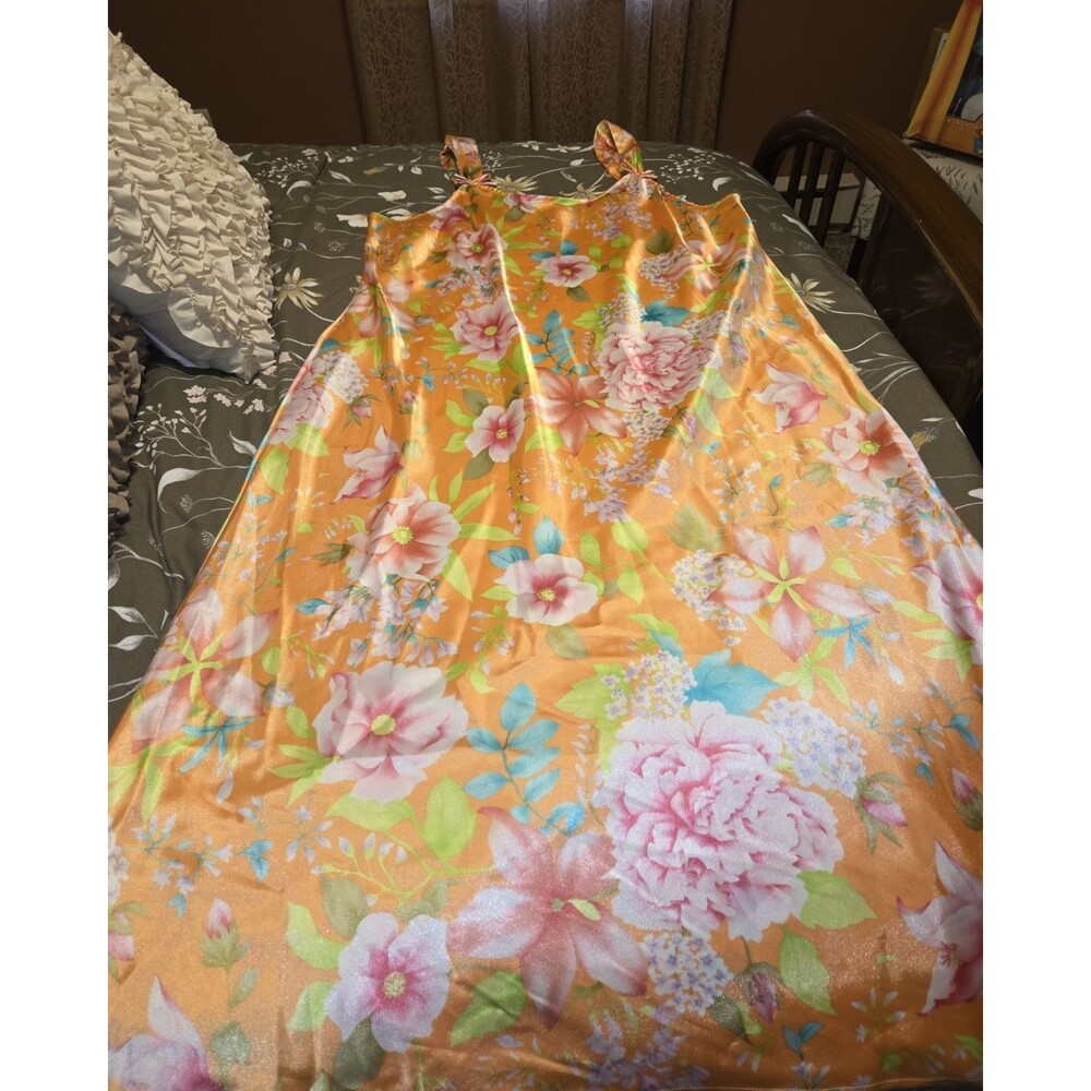 Women's Vintage Floral Chemise Sleeveless Slip Dress 1X Orange Pink Yellow